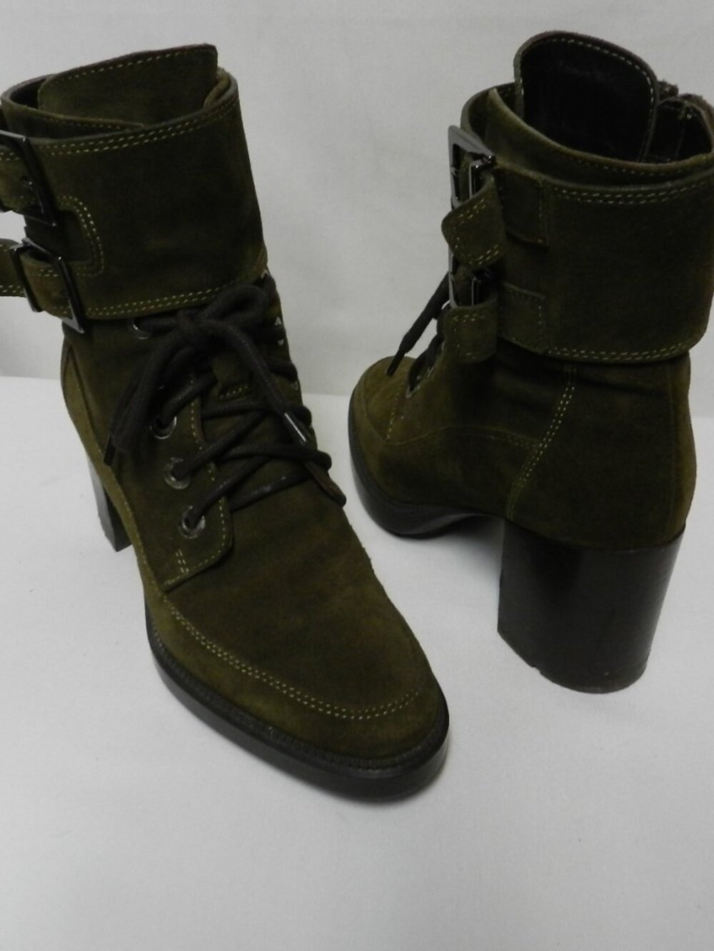 Aquatalia Irene Suede mid calf buckle heel boots Weather resistant Italy Size 7